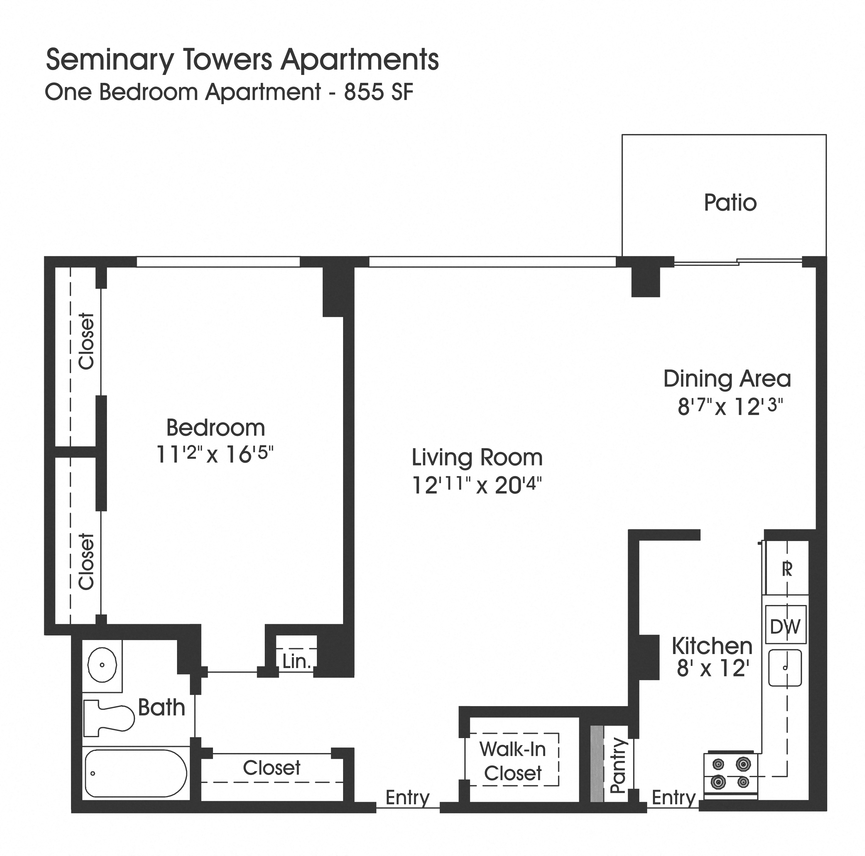 Floor plan for 1 bed, 1 bath, 845 sqft